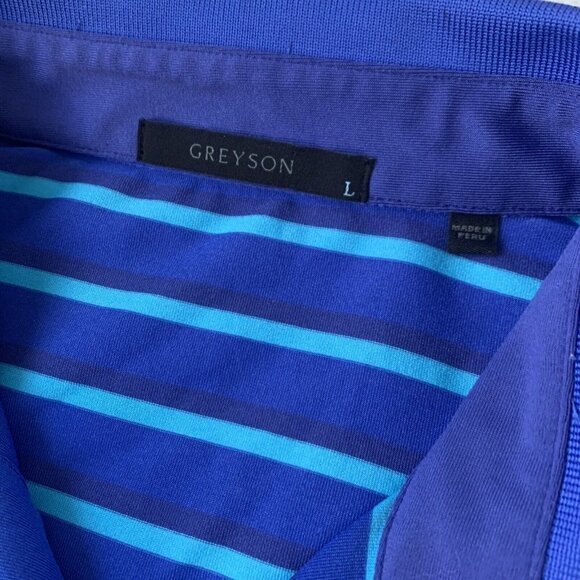 Greyson Golf Polo‎ Shirt Size Large The Vintage Club Stripes Blue Wolf Logo Peru - Picture 3 of 6